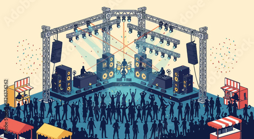 Immersive music festival scene with vibrant crowd silhouettes, stage setup, and dynamic lighting creating an energetic atmosphere for entertainment events