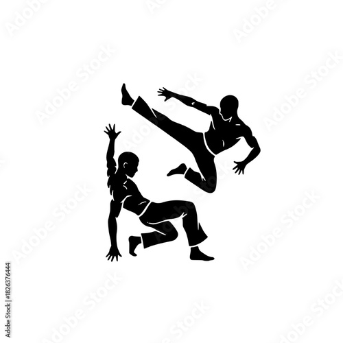 Dynamic capoeira duo performing acrobatic martial arts moves, showcasing strength, agility, and Brazilian culture with fluid, powerful motion and energy