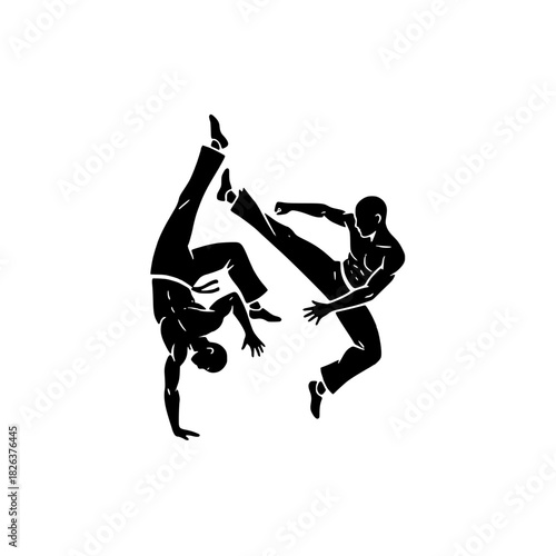 Dynamic capoeira silhouettes in action, showcasing strength, agility, and cultural dance movements for fitness, martial arts, or graphic design projects