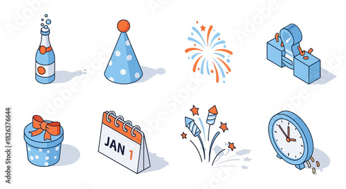 Celebrate New Year's Eve with festive party icons, champagne, fireworks, calendar, gift, and party hat showing anticipation and joy of the holiday season