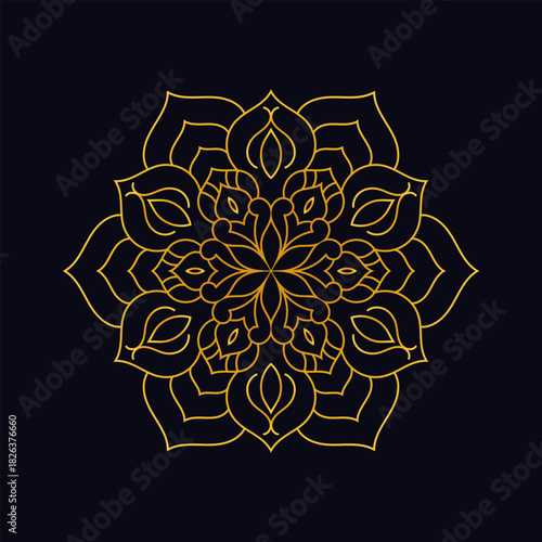 Golden mandala design on dark background, intricate floral pattern.
