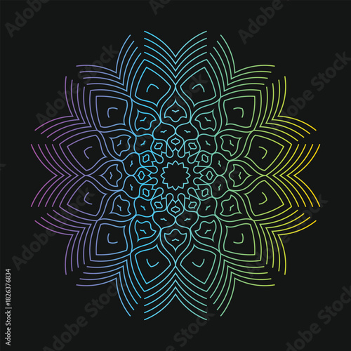 Intricate gradient colored mandala design with symmetrical patterns on a dark background.