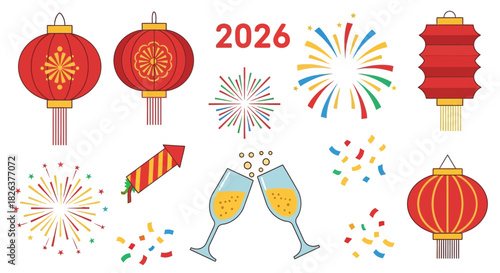 Celebrate the Year 2026 with Vibrant Lanterns, Fireworks, Confetti, and a Champagne Toast for a Joyful and Festive Celebration, Originally Created as Vector Art
