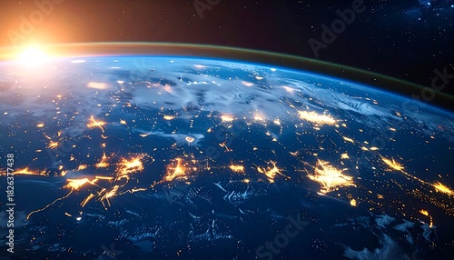 A view of Earth from space, showing city lights at night and a sunrise on the horizon