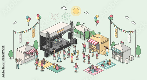 Festive outdoor concert scene with dancing crowd, food vendors, and summer vibes, perfect for event promotions, community gatherings, or festival marketing materials