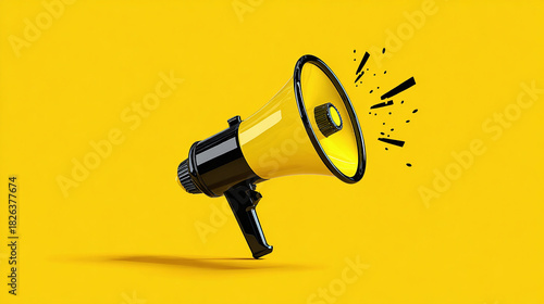 A striking yellow and black megaphone poised on a vibrant yellow backdrop, radiating energy and focus. Hear the sound of change!. Stand out!
