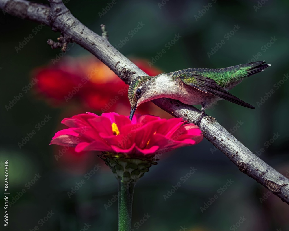 Fototapeta premium Close-up macro of a small wild hummingbird flying and feeding on a green flower in nature during spring