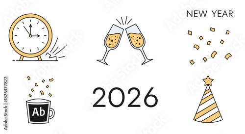 Celebrate New Year 2026 with champagne and confetti, countdown clock striking midnight, cheerful party hat and festive drink, joyfully ushering in the new year