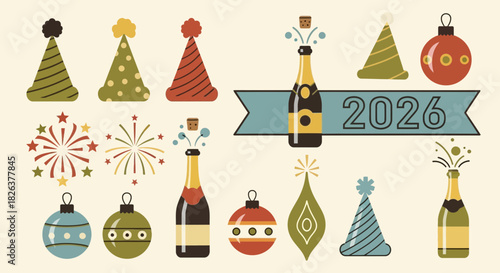 Celebrate 2026 New Year with festive party hats, champagne, fireworks, and ornaments in this vintage-inspired design perfect for invitations and decor