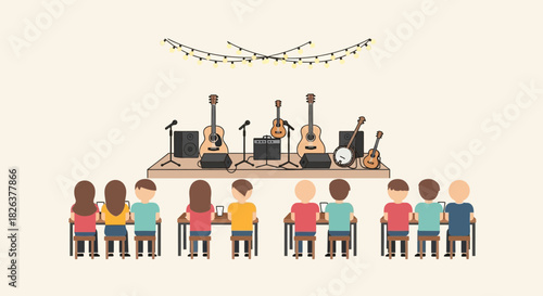 Captivating musical performance with acoustic instruments and enthusiastic audience, perfect for showcasing live entertainment and creative arts events