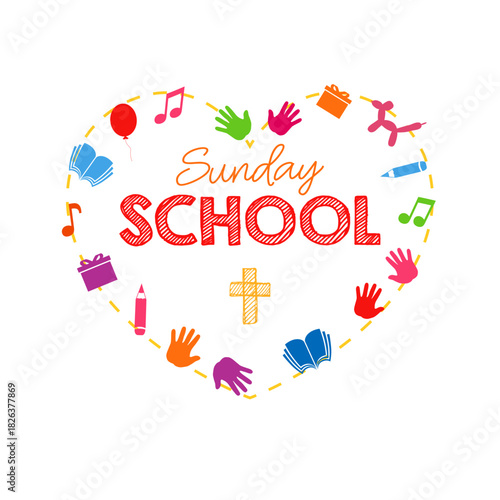 Sunday school logo design. Creative heart with educational items.