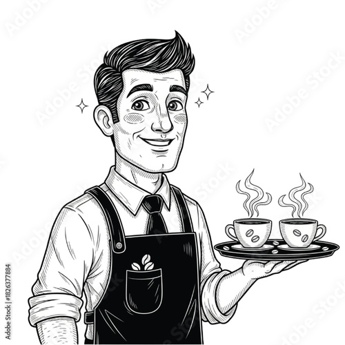 Happy barista serving steaming coffee cups on a tray in a black and white illustration, showing service
