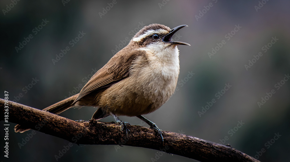 Naklejka premium trumpet. Trumpet bird perched on a jungle branch at dawn, beak open, misty forest background. wildlife magazines, conservation campaigns, designed for wildlife conservation campaigns.