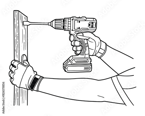 Construction: Hand Drilling Wood With Cordless Drill Machine Graphic Icon