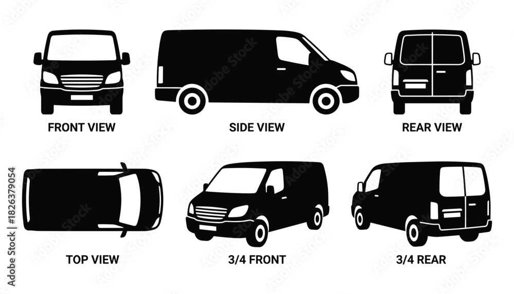 Obraz premium Comprehensive Van Illustration Depicting Front, Side, Rear, and Top Views