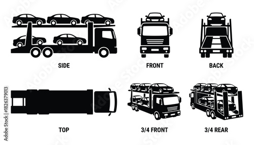 Detailed black vector illustration of a car carrier truck from several angles.