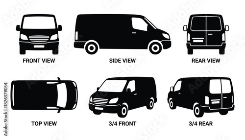 Comprehensive Van Illustration Depicting Front, Side, Rear, and Top Views
