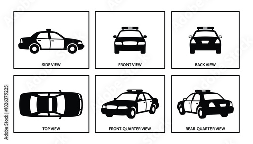 Illustrations depicting a patrol car from various angles and perspectives.