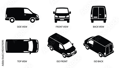 Black Van Illustration Set: Vehicle Views - Side, Front, Back, Top & Isometric