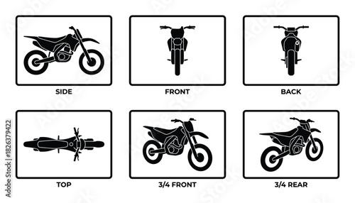 Detailed Motorcycle Views: Side, Front, Back, Top, and Three-Quarter Angles