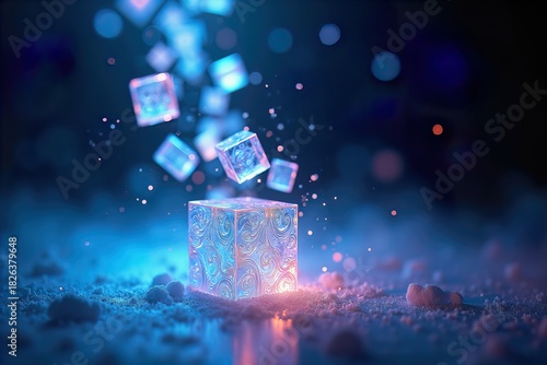 Illuminating ice cubes with a mystical glow. A captivating visual of ice cubes glowing in the snow, with an interplay of light and shadow