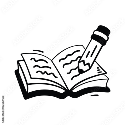 Learning, reading and writing, notebook and pencil doodle icon