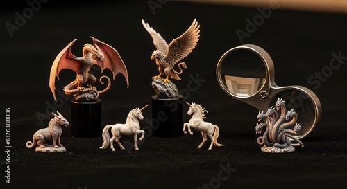 Collection of mythical creature figurines including dragons, unicorns, and an eagle, displayed on a dark background.