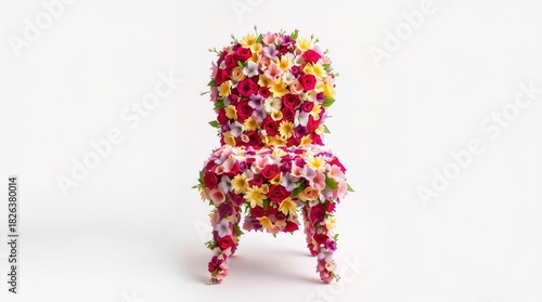 A chair completely adorned with vibrant flowers. It showcases an artistic and creative blend of flora