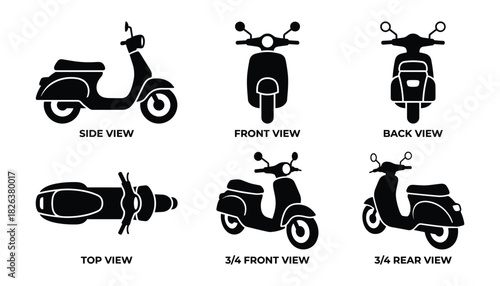 Classic Scooter Views: A Detailed Black and White Vector Illustration Set