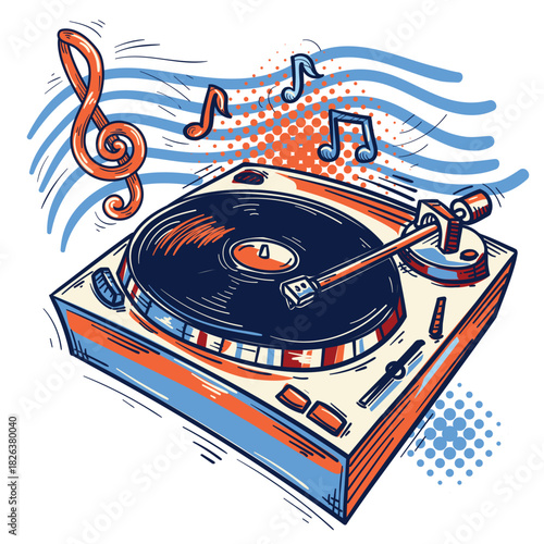 Drawn colorful musical turntable vinyl record player with music notes and clef