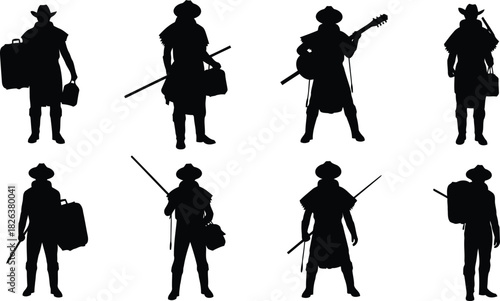 Set of black silhouettes depicting various travelers, adventurers, and minstrels with their gear, isolated on