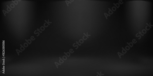 Black studio background with lights shining on the floor, black wall room with spotlights, edited illustration used for product display.
