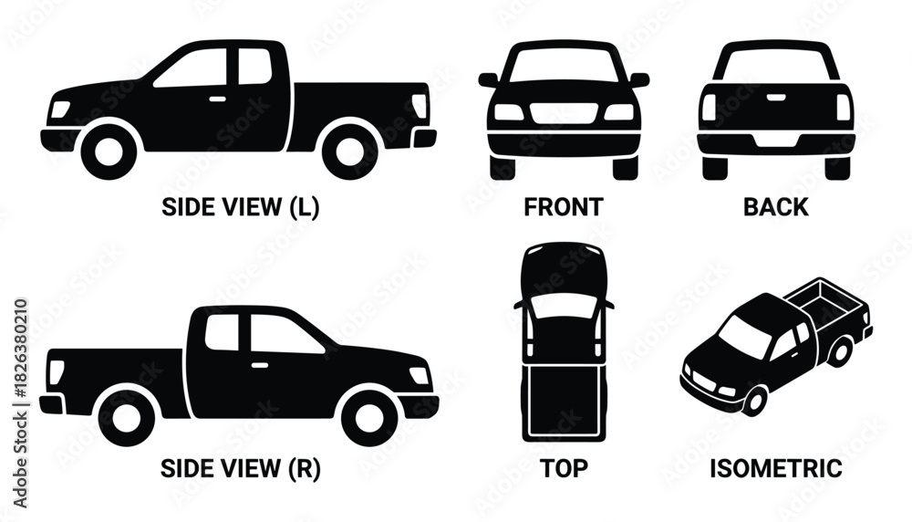 Obraz premium Detailed Illustration of Pickup Truck Views: Side, Front, Back, Top, Isometric