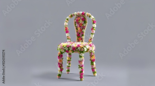An elegant chair adorned with colorful flowers, showcasing a unique floral design. The chair blends nature and artistry, demonstrating creativity and design