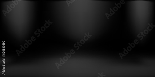 Black studio background with lights shining on the floor, black wall room with spotlights, edited illustration used for product display.