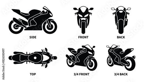 Detailed Sportbike Vector Illustration: Front, Back, Side and Top Views