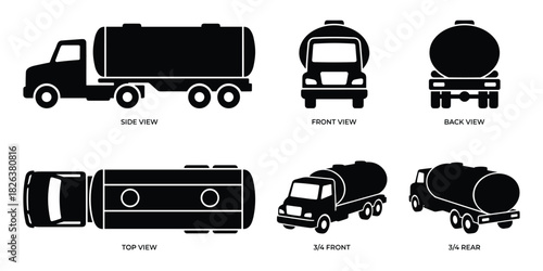 Tanker truck blueprint, Multiple views shown in black and white drawing