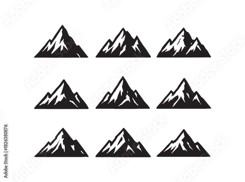 Mountain range vector icons set. nine mountain icons.