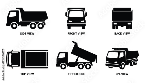 Dump Truck Black and White Vector Illustration with Different Views