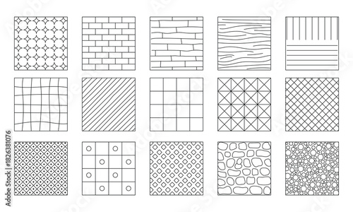 Landscape Architecture CAD Vector Patterns Set. Grass, Water, Stone, Wall, and Texture Elements	