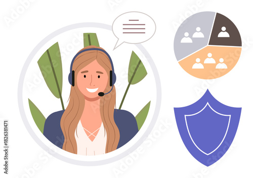 Smiling woman with headset, speech bubble, and team collaboration pie chart, shield symbol. Ideal for customer service, teamwork, communication, analytics security support professionalism. A