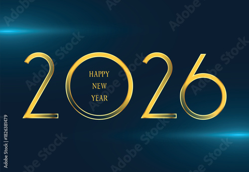 Happy New Year 2026 Greeting. Elegant Gold Number Typography, Luxury Celebration Banner. Shiny Metallic Text, Festive Holiday Card, Minimal Modern Design, Party Invitation Template Vector Illustration