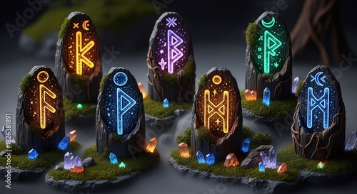 Mystical glowing runestones and crystals arranged on grassy mounds in a magical, misty landscape.