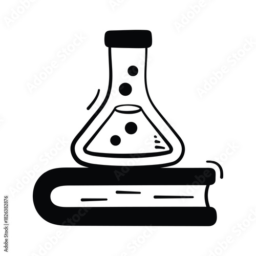 Laboratory beaker on book denoting concept icon of chemistry experiment