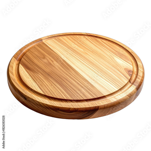 A high-quality round wooden cutting or serving board with a juice groove against a black background.