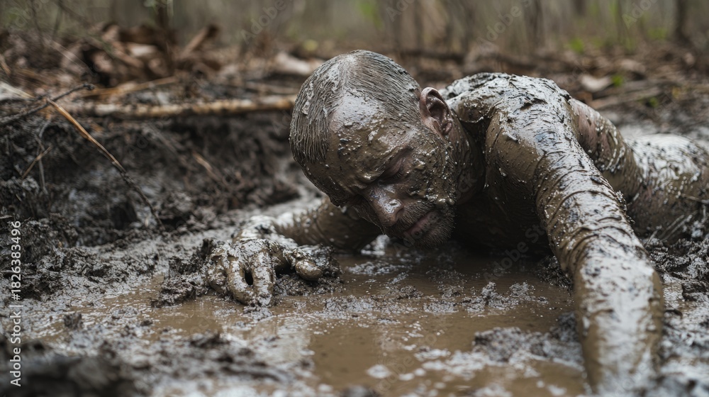 Fototapeta premium Man covered in mud crawling through a muddy forest area.
