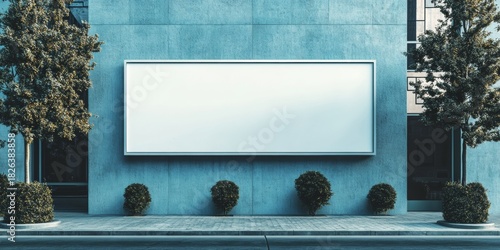 Blank billboard on blue building with trees and bushes, urban street scene.