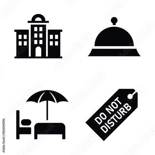 Hotel Amenities and Services Pictogram Collection Featuring Reception Bell Do Not Disturb Sign and Beach Bed for Vacation Relaxation