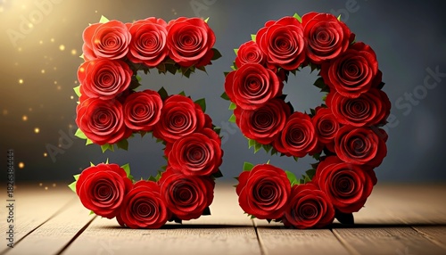 Number 59 made of red roses on wooden surface with soft lighting  
