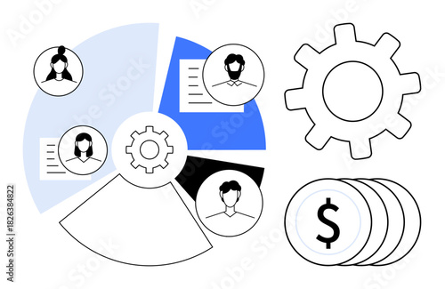 Pie chart with team member profiles, document icons, gear, and money coins. Ideal for teamwork, productivity, financial analysis, project management, resource distribution business strategy